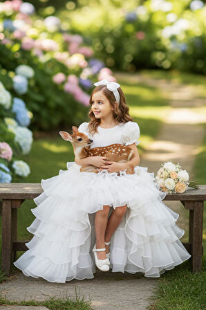 Beyaz Masal Kız Çocuk Abiye - Kat Kat Tüllü Kız Çocuk Doğum Günü Elbisesi - Balo Mezuniyet Elbisesi