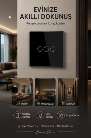 bseed siyah 3 tuş wifi akıllı dokunmatik anahtar – tuya smart life, alexa google, nötr hatlı