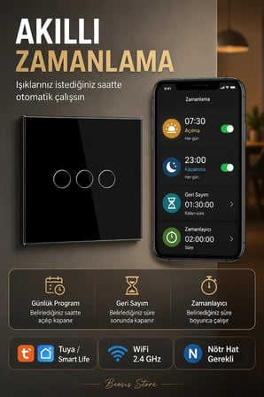 bseed siyah 3 tuş wifi akıllı dokunmatik anahtar – tuya smart life, alexa google, nötr hatlı