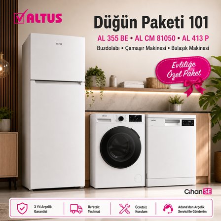 Altus Ekonomik Düğün Paketi (Paket 101) AL 413 P Bulaşık Makinesi AL-81050 Çamaşır Makinesi AL-355 BE buzdolabı