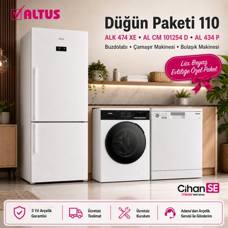 Altus Lüx Beyaz Düğün Paket 2026 (Paket-110) ALK 474 XE BUZDOLABI - AL 434 P BULAŞIK MAKİNESİ - AL 101254 D 10 KG