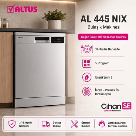 Altus XXL İnox Düğün Paketi (Paket 107) AL 445 NIX Bulaşık Makinesi AL-121460 Çamaşır Makinesi AL-376 XIE buzdolabı