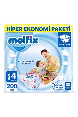 Molfix Bebek Bezi 4 Beden Maxi Hiper Ekonomi Paketi 200'lı