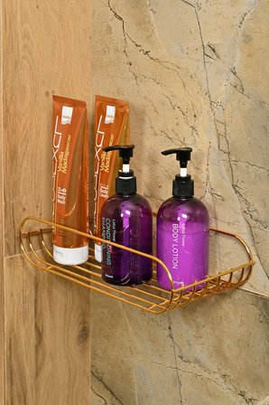 Parlak Altın Oval Sabunluk Şampuanlık Banyo Rafı Paslanmaz Metal