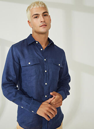 AT.P.CO Slim Fit Düğmeli Yaka Koyu Mavi Erkek Gömlek A266DONL20-