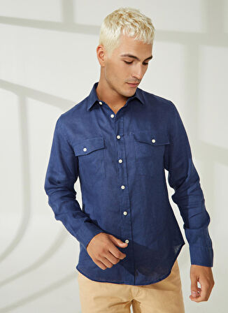AT.P.CO Slim Fit Düğmeli Yaka Koyu Mavi Erkek Gömlek A266DONL20-