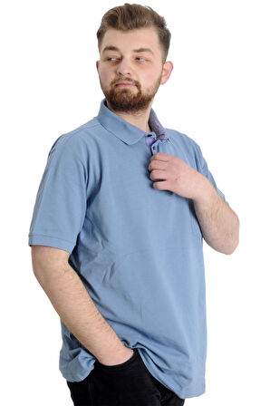 Mode XL Battal Beden Erkek Tshirt Polo Yaka Cepli Klasik Pike 20552 Mavi