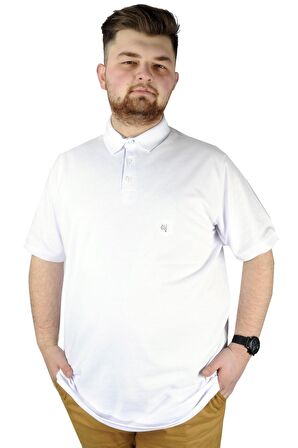 Mode XL Battal Beden Erkek Tshirt Polo Yaka Nakışlı Klasik Pike 20553 Beyaz