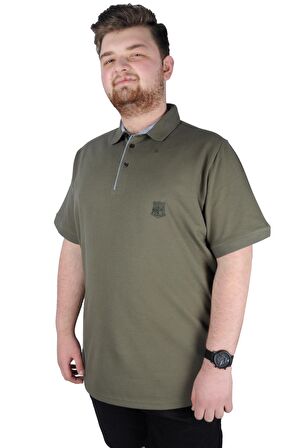 Mode XL Battal Beden Erkek Tshirt Polo Yaka Nakışlı Klasik Pike 20553 Haki