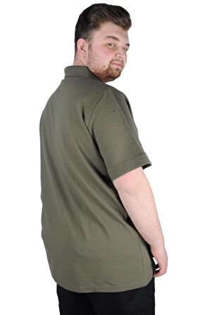 Mode XL Battal Beden Erkek Tshirt Polo Yaka Nakışlı Klasik Pike 20553 Haki