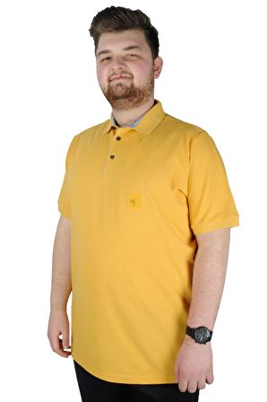 Mode XL Battal Beden Erkek Tshirt Polo Yaka Nakışlı Klasik Pike 20553 Hardal