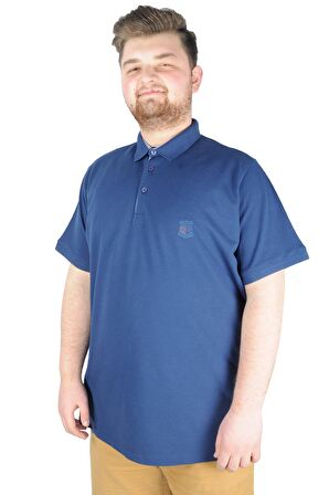 Mode XL Battal Beden Erkek Tshirt Polo Yaka Nakışlı Klasik Pike 20553 İndigo