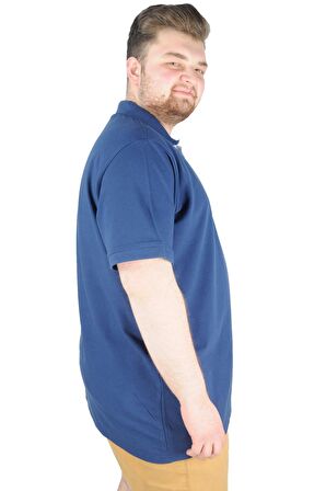 Mode XL Battal Beden Erkek Tshirt Polo Yaka Nakışlı Klasik Pike 20553 İndigo