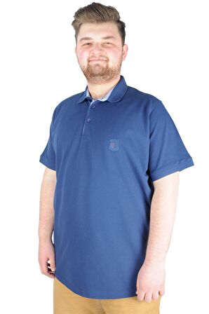 Mode XL Battal Beden Erkek Tshirt Polo Yaka Nakışlı Klasik Pike 20553 İndigo