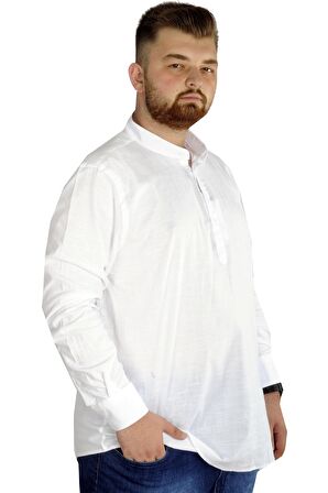 Mode XL Büyük Beden Erkek Keten Likralı UKol Hakim Yaka Gömlek 20388 Beyaz