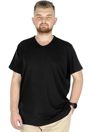 Mode XL Büyük Beden T-Shirt V Yaka Likralı 20150 Siyah