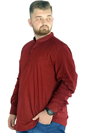 Mode XL Büyük Beden Erkek Keten Likralı UKol Hakim Yaka Gömlek 20388 Bordo