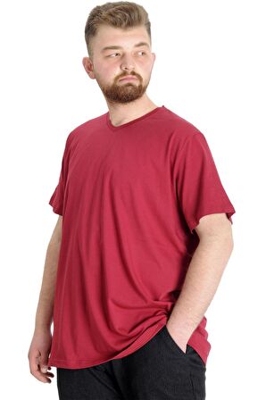 Mode XL Büyük Beden T-Shirt V Yaka Likralı 20150 Bordo