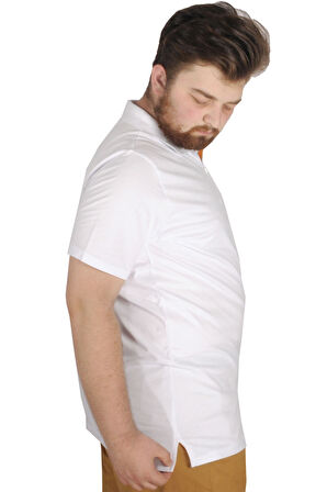 Mode XL Büyük Beden Erkek T-Shirt Fermuarlı Polo Yaka 21029 Beyaz