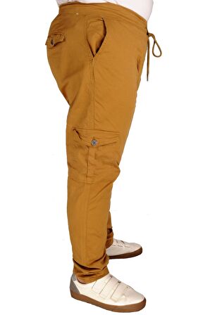 Mode XL Büyük Beden Pantolon Keten Kargo Jogger Milano 21912 Taba