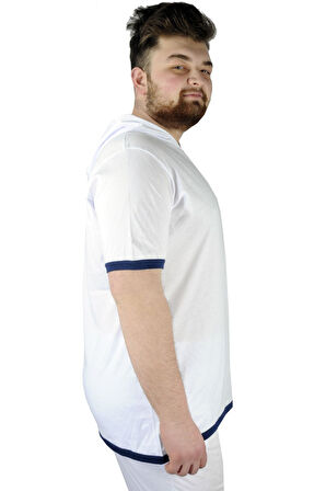 Mode XL Büyük Beden Erkek T-Shirt Kapüşon Yaka 22136 Beyaz