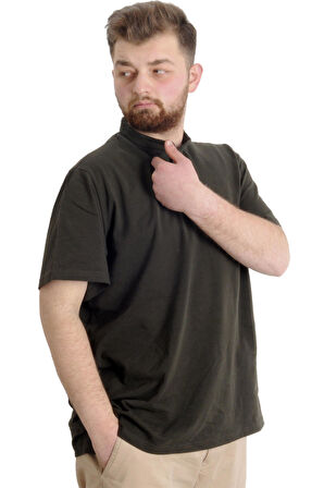 Mode XL Büyük Beden Erkek T-shirt Hakim Yaka MD LOGO 22326 Haki