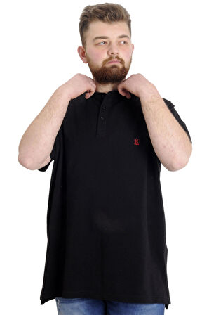 Mode XL Büyük Beden Erkek T-shirt Hakim Yaka MD LOGO 22326 Siyah