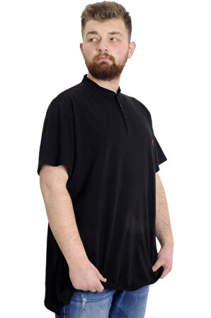Mode XL Büyük Beden Erkek T-shirt Hakim Yaka MD LOGO 22326 Siyah