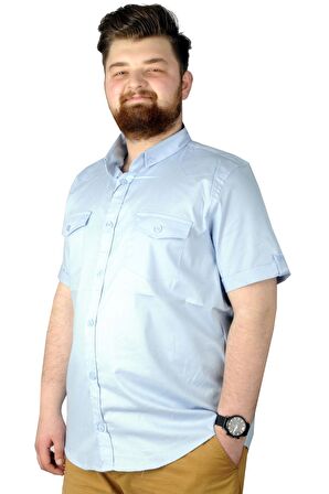 Mode XL Büyük Beden Gömlek KKol Çift Cep Kapaklı 20361 Mavi