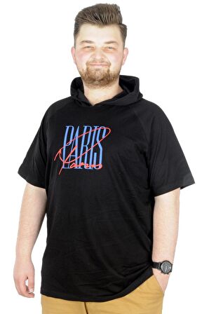 Mode XL Büyük Beden T-Shirt Kapşonlu Paris 22174  Siyah