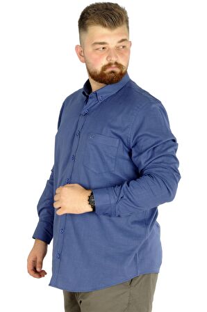 Mode XL Büyük Beden Erkek Keten Cepli  Gömlek 20386 Indigo