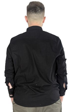 Mode XL Büyük Beden Erkek Keten Cepli  Gömlek 20386 Siyah