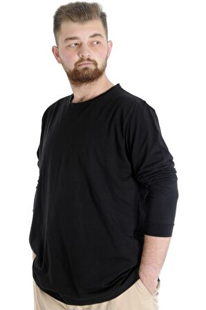 Mode XL Büyük Beden Erkek Tshirt Uzun Kol Manşetli 20103 Siyah