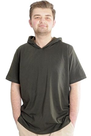 Mode XL Büyük Beden Erkek T-shirt Kapşonlu Kısa Kol 23118 Haki