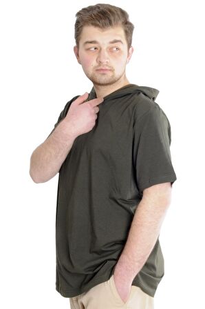 Mode XL Büyük Beden Erkek T-shirt Kapşonlu Kısa Kol 23118 Haki