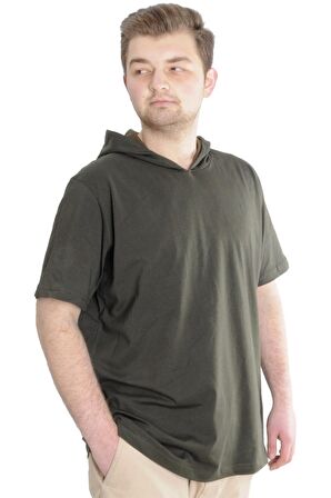 Mode XL Büyük Beden Erkek T-shirt Kapşonlu Kısa Kol 23118 Haki