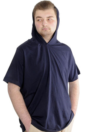 Mode XL Büyük Beden Erkek T-shirt Kapşonlu Kısa Kol 23118 Lacivert