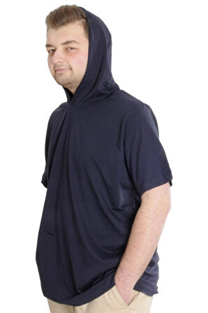 Mode XL Büyük Beden Erkek T-shirt Kapşonlu Kısa Kol 23118 Lacivert
