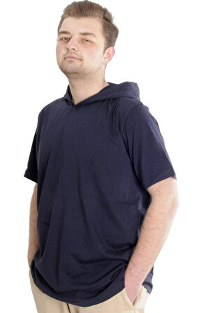 Mode XL Büyük Beden Erkek T-shirt Kapşonlu Kısa Kol 23118 Lacivert