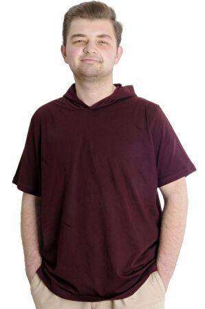 Mode XL Büyük Beden Erkek T-shirt Kapşonlu Kısa Kol 23118 Mürdüm