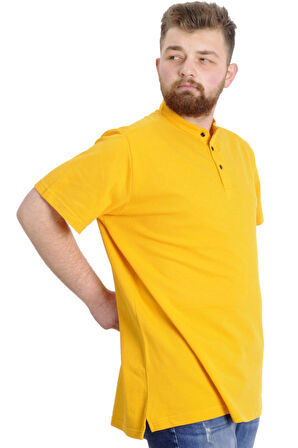Mode XL Büyük Beden Erkek T-shirt Hakim Yaka MD LOGO 22326 Hardal