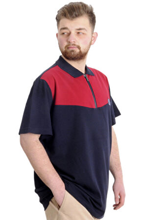 Mode XL Büyük Beden Erkek T-shirt Polo FRAGMENTED 23325 Lacivert-Bordo