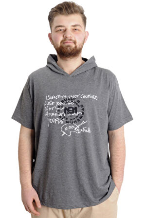 Mode XL Büyük Beden Erkek T-shirt Kapşonlu MUHAMMAD 23120 Antramelanj