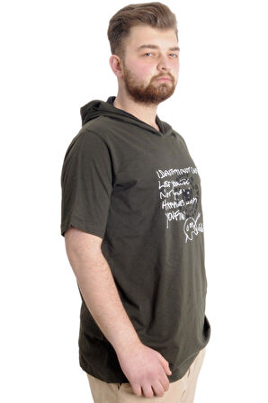Mode XL Büyük Beden Erkek T-shirt Kapşonlu MUHAMMAD 23120 Haki