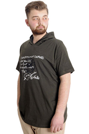 Mode XL Büyük Beden Erkek T-shirt Kapşonlu MUHAMMAD 23120 Haki