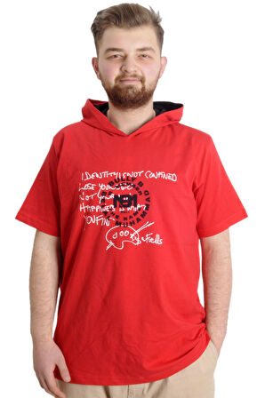 Mode XL Büyük Beden Erkek T-shirt Kapşonlu MUHAMMAD 23120 Kırmızı