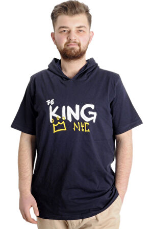 Mode XL Büyük Beden Erkek T-shirt Kapşonlu THE KING 23121 Lacivert