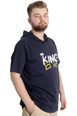 Mode XL Büyük Beden Erkek T-shirt Kapşonlu THE KING 23121 Lacivert