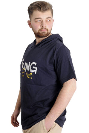 Mode XL Büyük Beden Erkek T-shirt Kapşonlu THE KING 23121 Lacivert