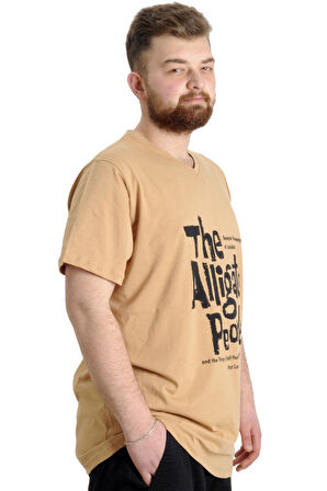 Mode XL Büyük Beden Erkek V Yaka T-shirt ALLIGATOR Bej